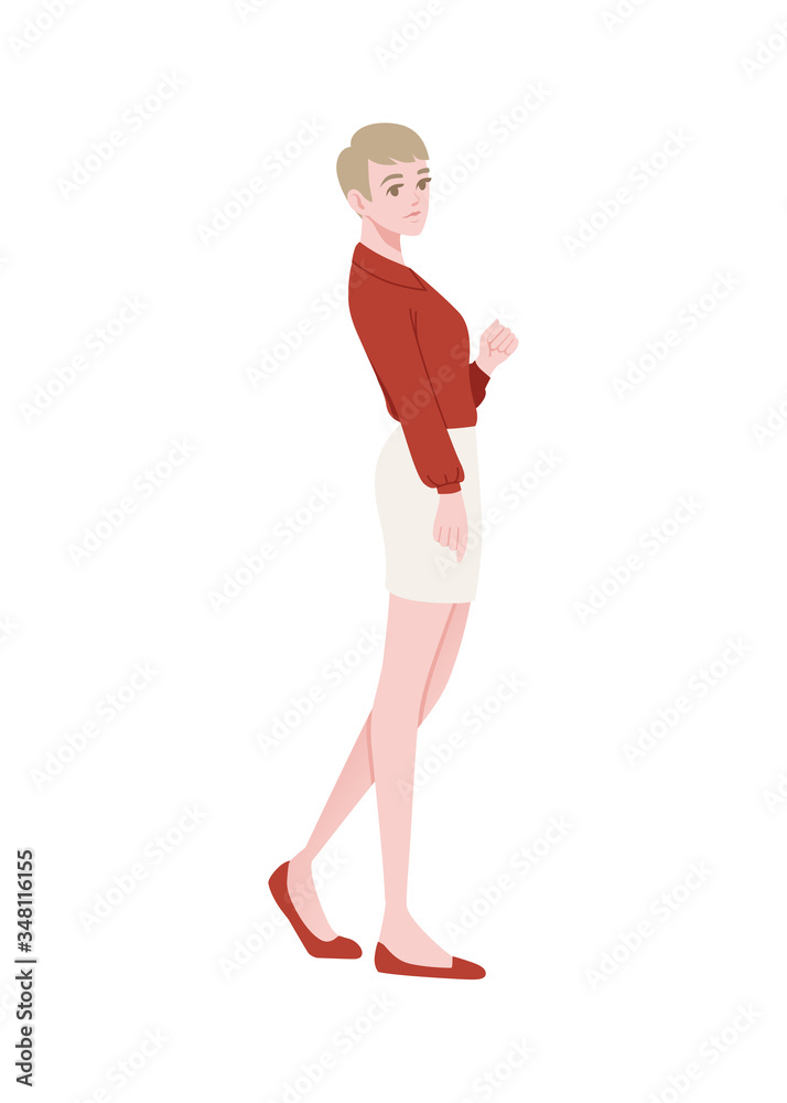 Cute young girl in fashion casual clothes white skirt and red blouse cartoon character design flat vector illustration isolated on white background Cute young girl in fashion casual clothes white skirt and red blouse cartoon character design flat vector illustration isolated on white background