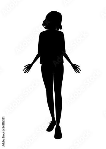 Black silhouette cute young girl in fashion casual clothes cartoon character design flat vector illustration isolated on white background © Alfmaler