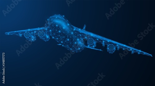 Flying passenger or cargo aircraft. Low-poly model of air transport. Blue background.