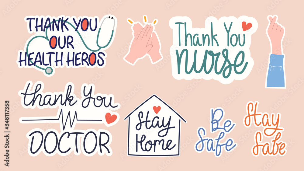 Fototapeta premium Coronavirus (COVID-19) prevention hand letterings doodle banner and sticker design banner, social distancing, Stay home, Quarantine activities, Thank you doctor, Keep healthy vector illustration.
