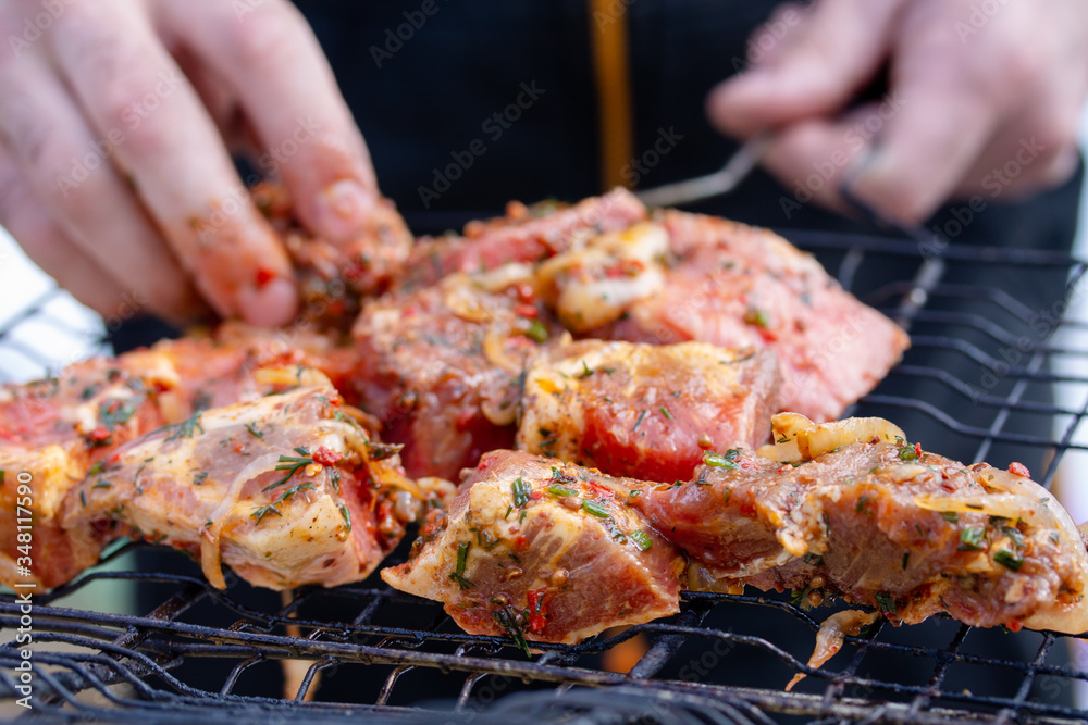 Raw marinaded juicy pork meat in grill grates. Fresh food prepared for barbeque. Summer cooking outdoors