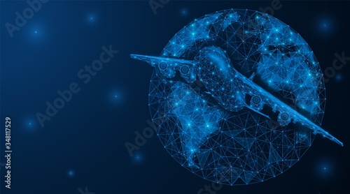 Interplanetary space flight, the technology of the future. Takeoff of the plane from the planet earth. Low poly model of a space Shuttle. Blue background.