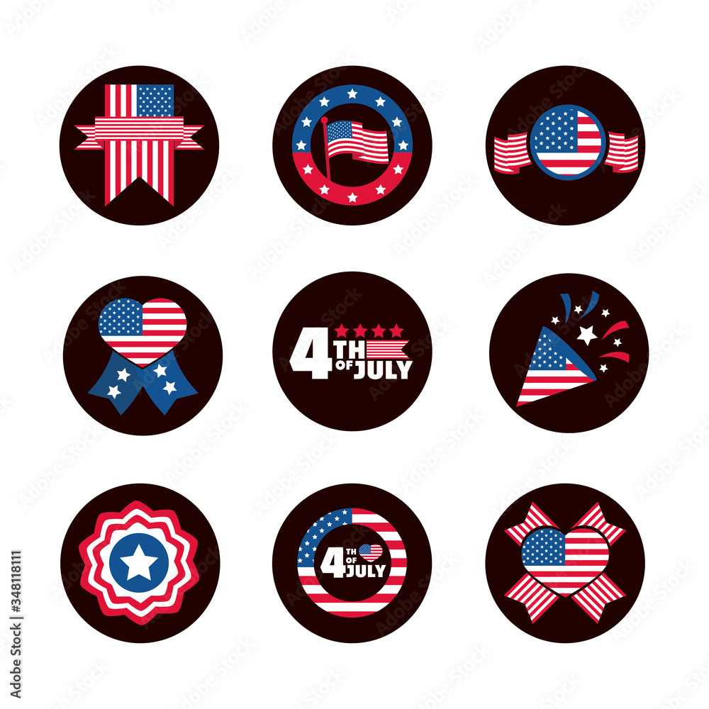 4th of july independence day, celebration honor memorial american flag icons set block and flat style icon 4th of july independence day, celebration honor memorial american flag icons set block and flat style icon