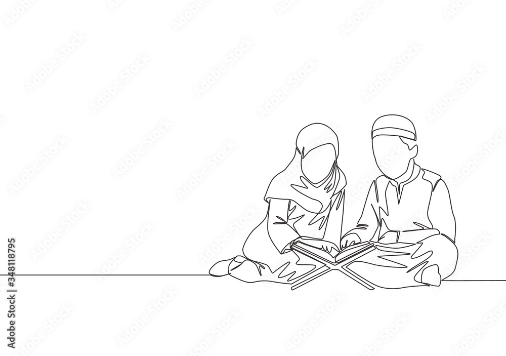 One continuous line drawing of muslim and muslimah kids reading and