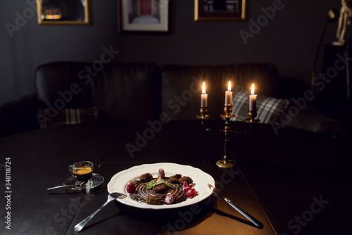 Chocolate truffle sweets with fruit and cheese in a restaurant.