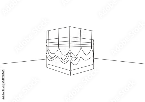 One continuous line drawing of Kaabah building at Mekkah city, Saudi Arabia. Islamic holy day Ramadan Kareem and Eid Al Adha greeting card concept single line draw design vector illustration