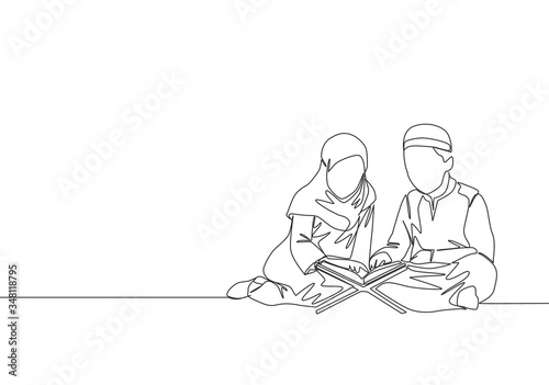 One continuous line drawing of muslim and muslimah kids reading and recite Quran. Islamic holy day Ramadan Kareem and Eid Mubarak greeting card concept single line draw design vector illustration