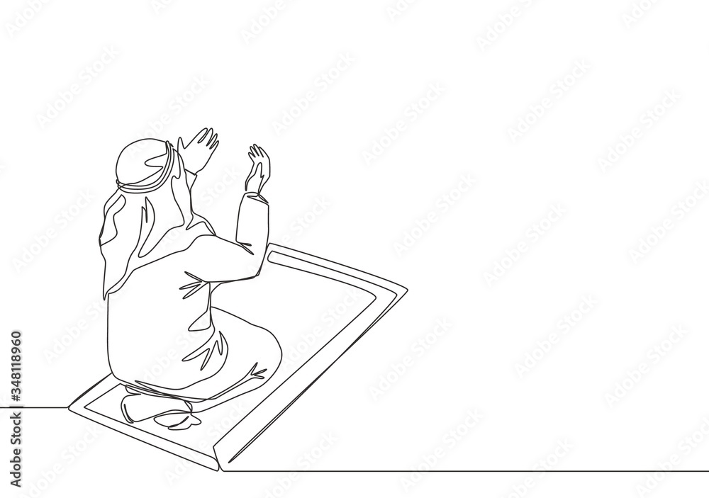 One continuous line drawing of muslim person raise and open hands praying on sajadah, from rear view. Islamic Ramadan Kareem and Eid Mubarak pray concept single line draw design vector illustration