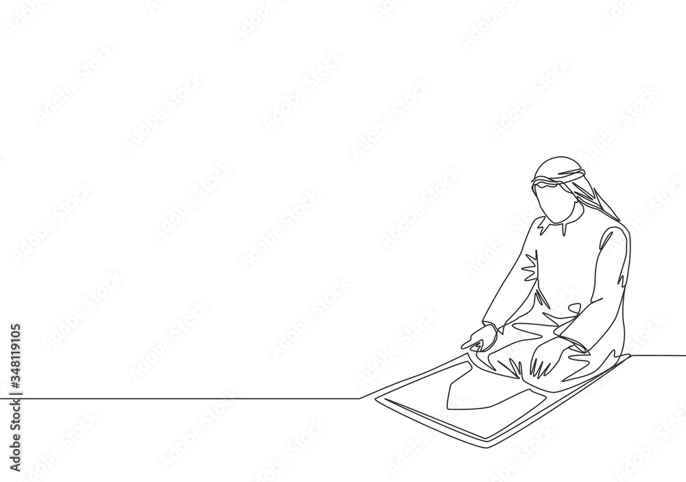 Single continuous line drawing of young muslim person pray on sajadah in traditional Arab clothing. Ramadan Kareem and Eid Mubarak greeting card concept one line draw design vector illustration