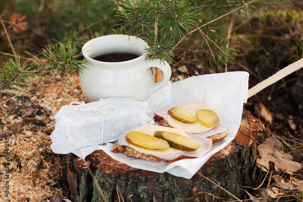 breakfast, afternoon tea in the woods. Coffee and sandwiches served in the woods on the tree. A break in the journey. A break at work in the forest.
