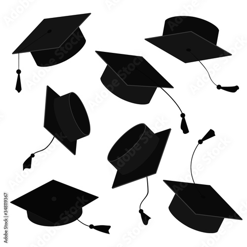 Graduate caps in the air. Vector cartoon illustration of grad hats in different positions isolated on white background