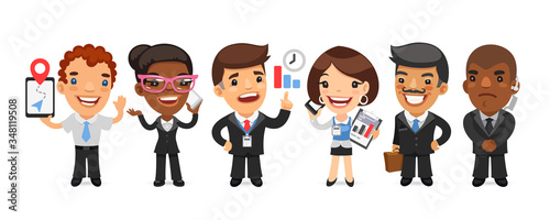A group of cartoon business men and women characters in different poses stand on a white background. Team Leader, logistics expert, accountant, manager, bodyguard, and others. Flat style.