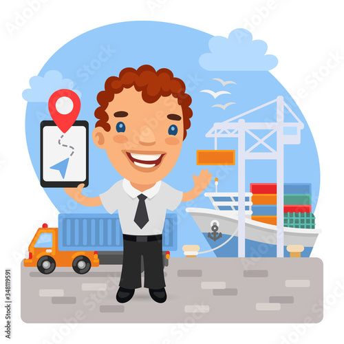 Cartoon smiling logistician stands on a pier in front of a cargo ship and a truck. Composition with a professional man. Flat male character.