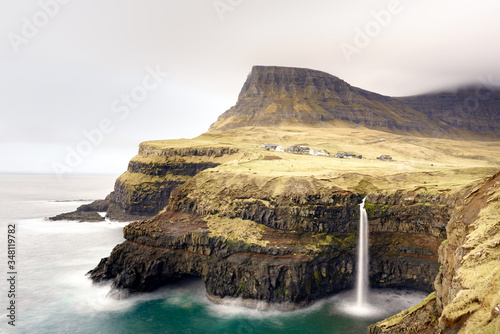 Mulafossur waterfall, Gassadalur village, Vagar island, The Faroe islands.