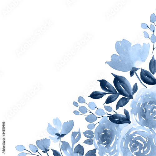 Watercolor rose flowers in navy blue. Hand painted floral corner arrangement