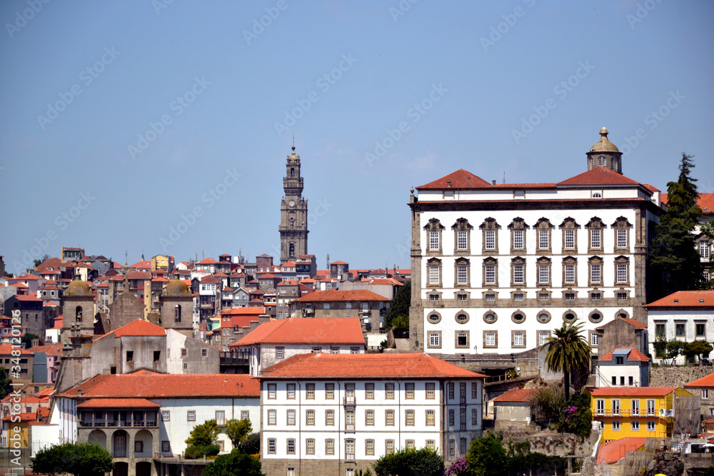 Porto, Portugal - August 20, 2015: cityscape of Porto. Focus on the historic city center, which contains the most important monuments of Porto, such as The Tower of the Clerics.