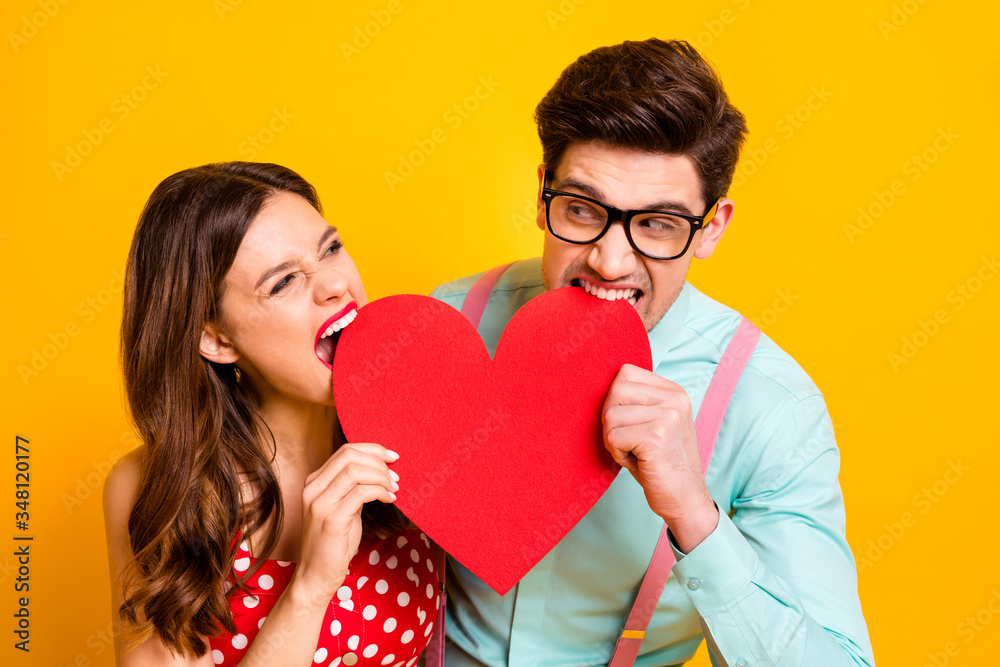 Closeup photo two people attractive lady handsome guy couple look eyes angry biting big paper heart wear red dotted dress shirt bowtie retro clothes isolated yellow bright color background