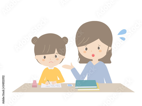 A girl learning at home while being told by her parents.