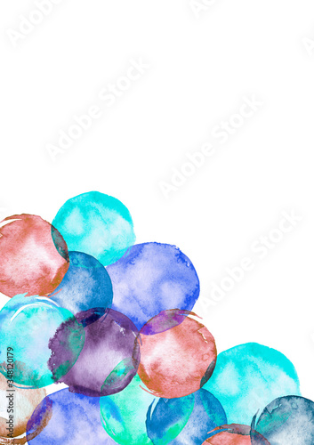 Watercolor background. Colorful confetti, cracker, balls, soap bubbles. Beautiful abstract background. round abstract spot. For fabric, cover, packaging, material, wallpaper, scarf. Watercolor splash