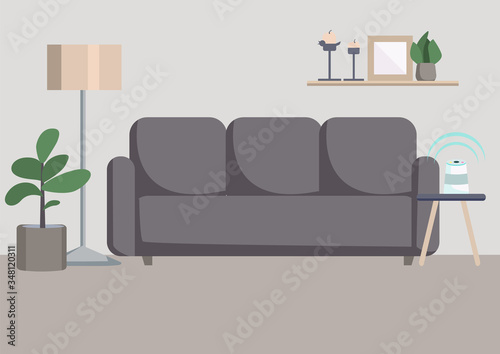Empty living room flat color vector illustration. Modern apartment 2D cartoon interior with couch on background. Livingroom interior decor, decorative plants, sofa and smart speaker on coffee table