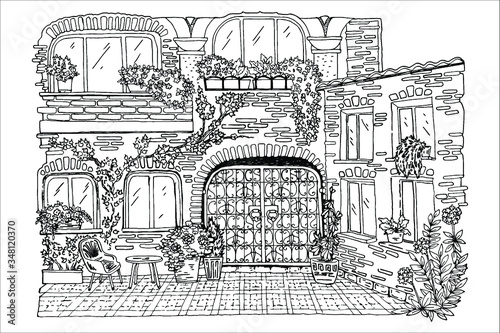 coloring book, old, stone courtyard, forged gates, windows, flowers in flowerpots, vector, black and white