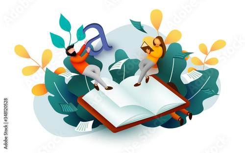 Small reading people flying above book. Education concept. School or university students. Science banner.
