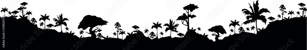 Tropical landscape black silhouette seamless border. Exotic palm trees ...