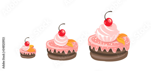 Cakes sizes set. Fancy cake with a cherry. Dessert reward. Development stage. Animation progression. Vector Isometric infographic illustration.