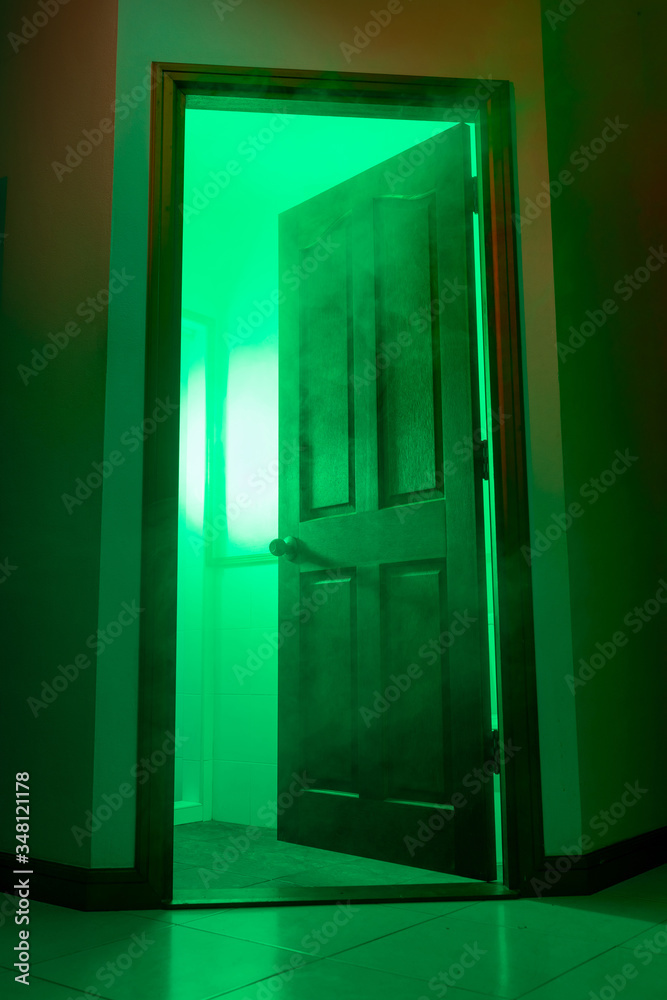 Obraz premium Open door with a smoky room. UV green light. Copy space. Hazard or chemical experiments