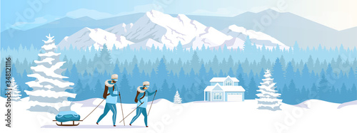 Ski resort holiday flat color vector illustration. Winter vacation. Skiing activity. Snow mountains landscape. 2D cartoon characters with snowy peaks and coniferous forest on background