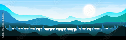 Morning in woodland flat color vector illustration. Coniferous forest, lake and mountains skyline. Wild nature. Fir trees and hills 2D cartoon landscape with sun and sky on background