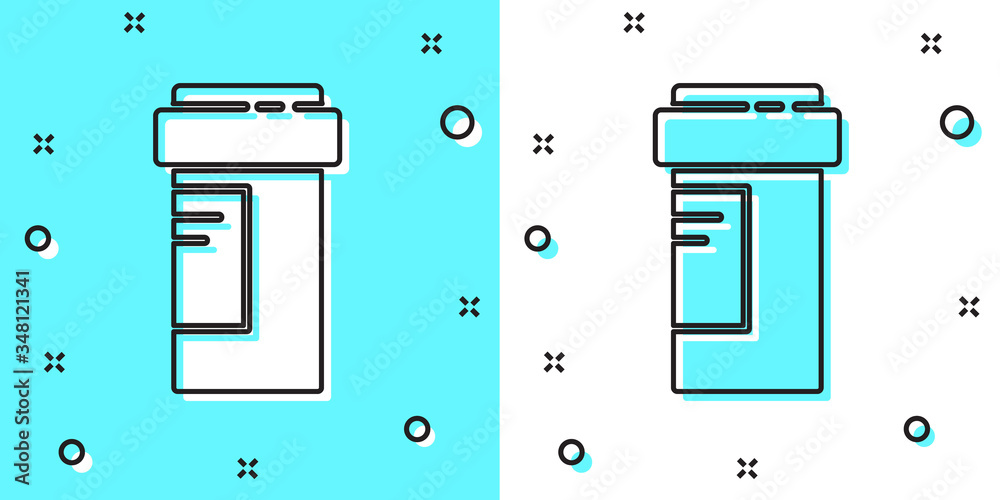 Black line Medicine bottle icon isolated on green and white background. Bottle pill sign. Pharmacy design. Random dynamic shapes. Vector Black line Medicine bottle icon isolated on green and white background. Bottle pill sign. Pharmacy design. Random dynamic shapes. Vector