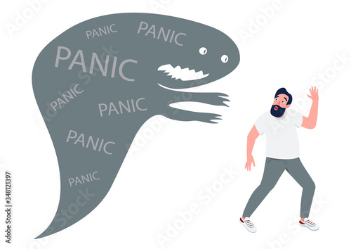 Man with panic attack flat concept vector illustration. Guy running from monster in panic 2D cartoon character for web design. Terrified person escaping problems. Anxiety, phobia creative idea