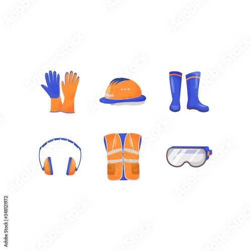 Industrial personal protective equipment flat color vector objects set. Work injury prevention. Body and head protection. Workwear 2D isolated cartoon illustrations on white background