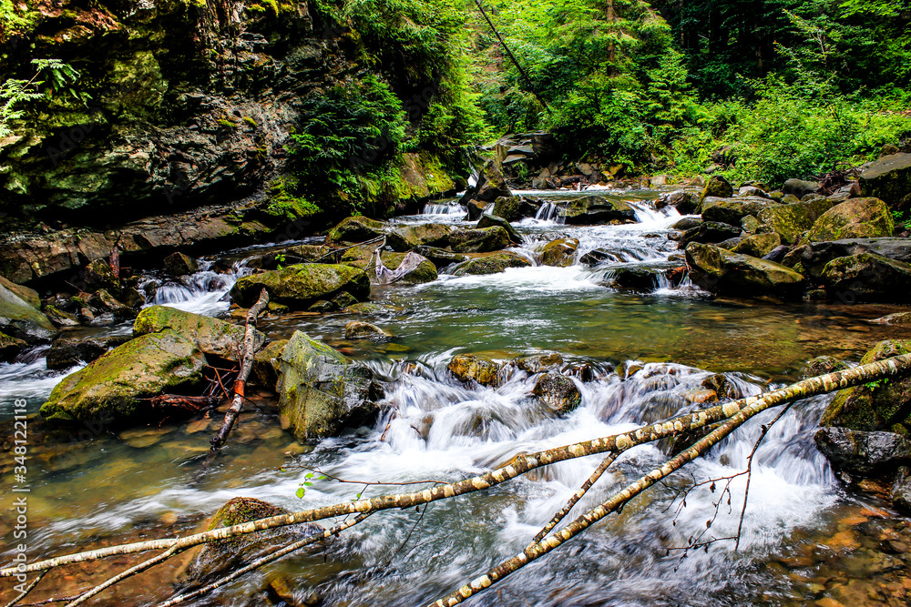 Ukraine. Mountain river. The rapid flow of river water. The rocky bottom of the river. Ukraine. Mountain river. The rapid flow of river water. The rocky bottom of the river.