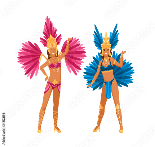 Two woman in Brazilian carnival costume posing isolated on white background
