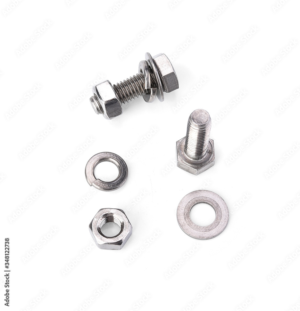 Hex bolt nut and washer on white background Hex bolt nut and washer on white background