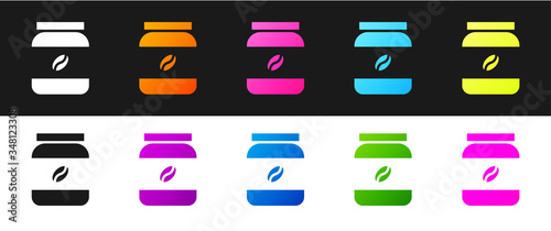 Set Coffee jar bottle icon isolated on black and white background. Vector