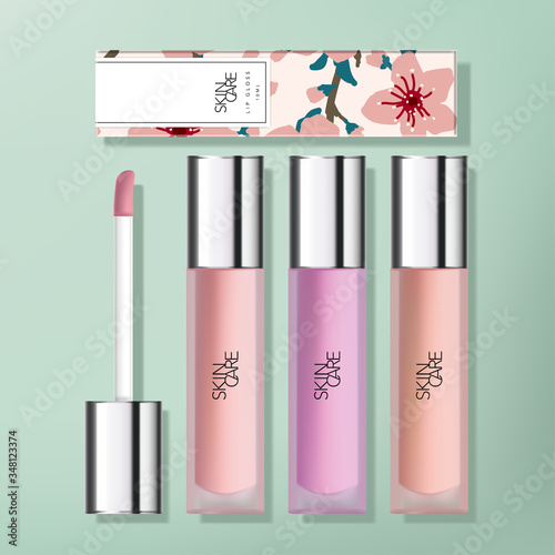 Vector Transparent Frosted Plastic  Lip Gloss Packaging with Gloss Silver Plated Applicator Cap. Sakura Printed Carton Box.