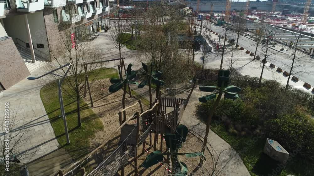 Drone flies obove empty playground whiile corona lockdown in Hamburg Drone flies obove empty playground whiile corona lockdown in Hamburg
