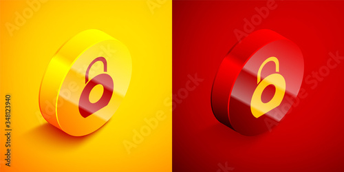 Isometric Kettlebell icon isolated on orange and red background. Sport equipment. Circle button. Vector