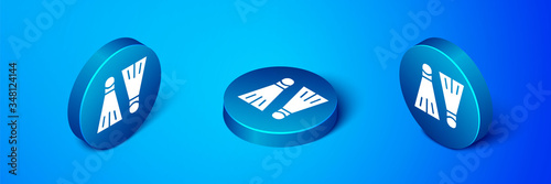 Isometric Rubber flippers for swimming icon isolated on blue background. Diving equipment. Extreme sport. Sport equipment. Blue circle button. Vector
