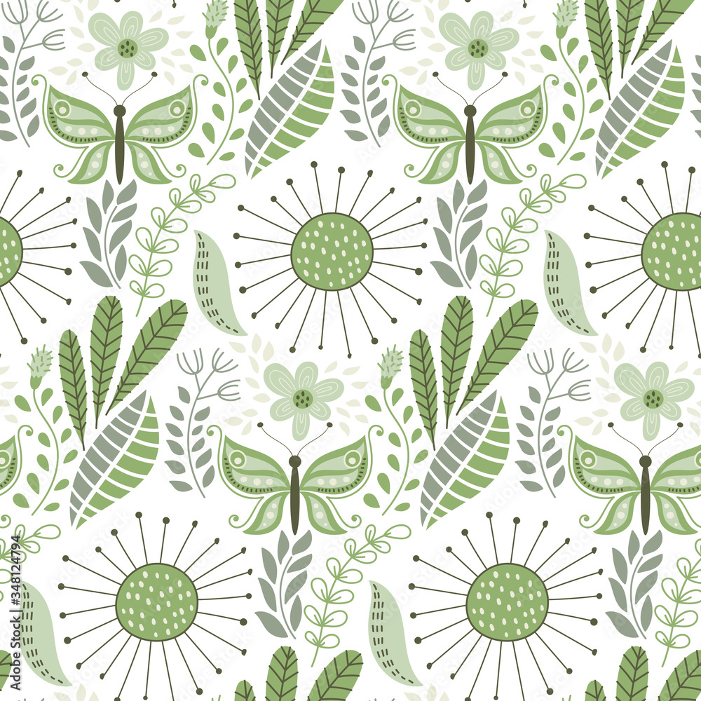 Fototapeta Vector Seamless Floral Pattern with Fantastic Flowers and Butterflies