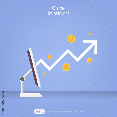 Online investment design concept. Online marketing budget, marketing revenue, Investment flat vector with monitor and growing arrow illustration