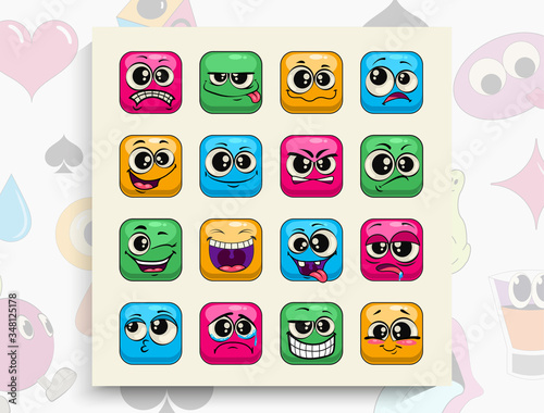 Funny cartoon colorful faces. Face with emotions. Facial expression. Sad, happy, angry faces. Funny cartoon characters. Vector illustration