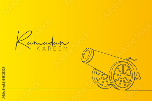 Ramadan Kareem greeting card, banner and poster design. One continuous line drawing of metal cannon ball aimed to the sky ready to shot with white background. Single line draw vector illustration