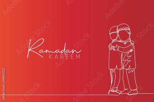 Ramadan Kareem greeting card, poster and banner design. One single line drawing of two young happy muslim boys hugging to forgive each other. Continuous line draw vector illustration