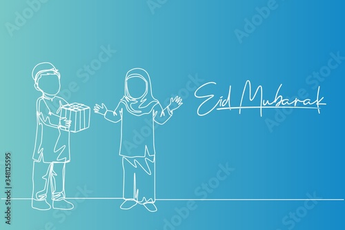Single continuous line drawing of young muslim boy giving a present gift to sister. Eid Mubarak greeting card, banner, and poster concept. Trendy one line draw design illustration background