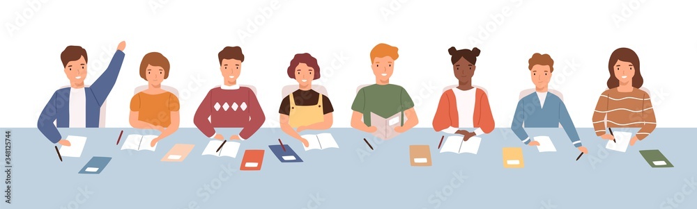 Crowd of smiling diverse kids sitting at common desk on lesson vector flat illustration. Pupil studying together answer to question and listen isolated on white. Boys and girls at elementary school