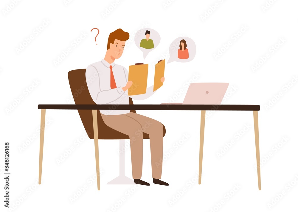 Fototapeta premium Confused male recruit choosing between two resume applicant vector flat illustration. HR manager sit at desk doubt to hire hold cv isolated on white. Head hunting, recruitment and candidate choice
